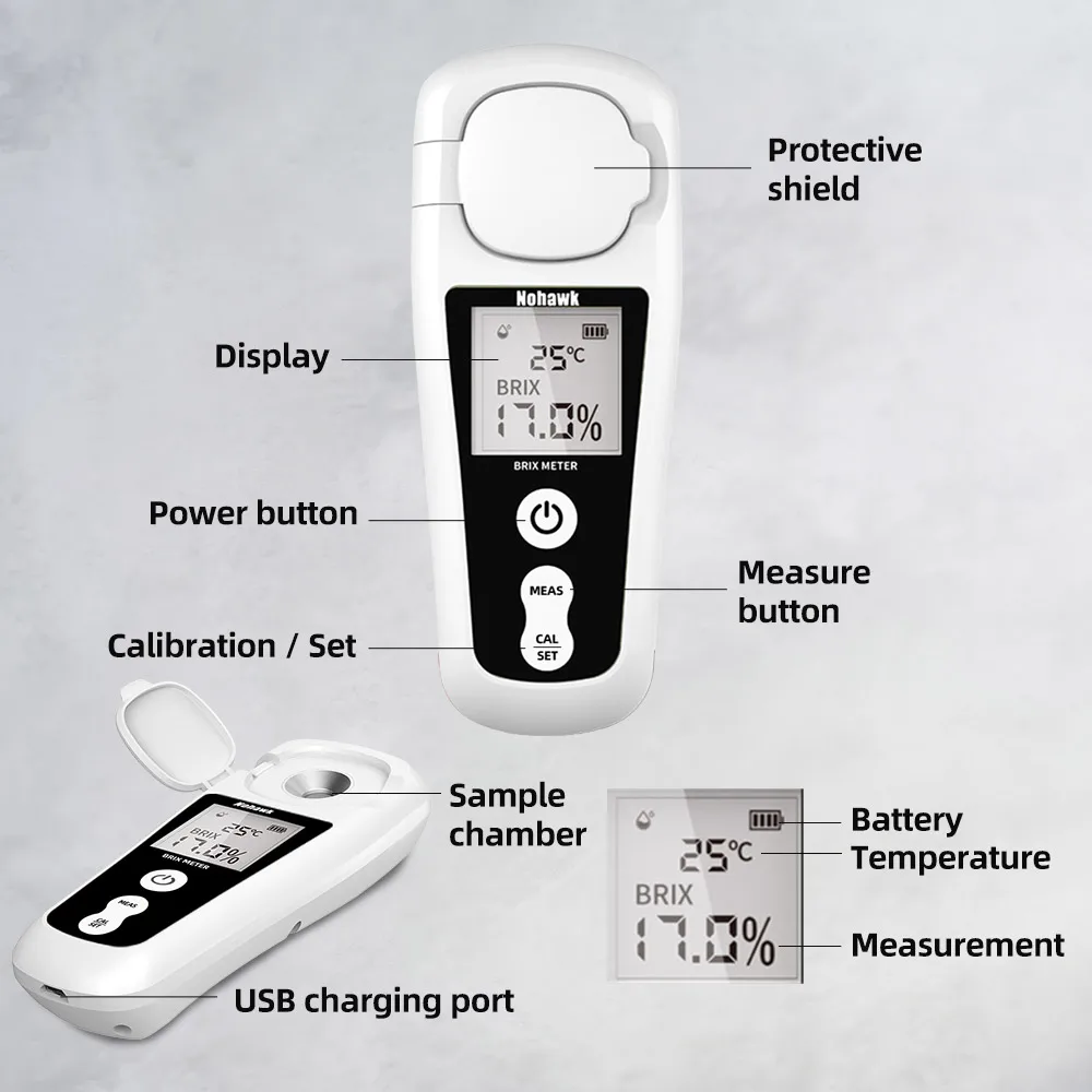 Digital Pocket Refractometer 0-55% Range, ±0.2% Brix Accuracy Refractive Index,