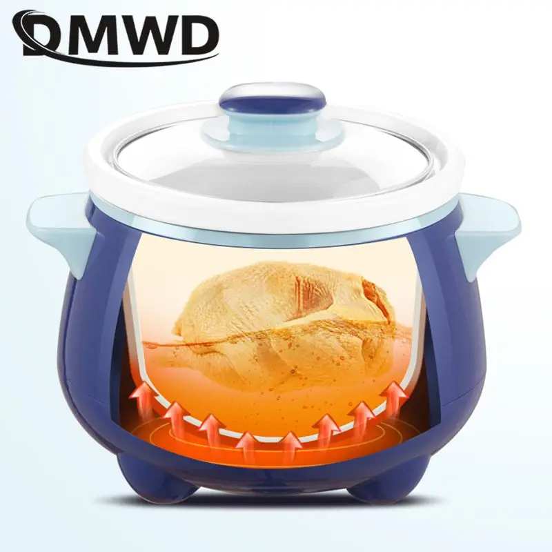 DMWD Household Electric Stewing Pot 1.2L Soup Pot Mini Slower Cooker Porridge Casserole White Porcelain Liner Breakfast Machine