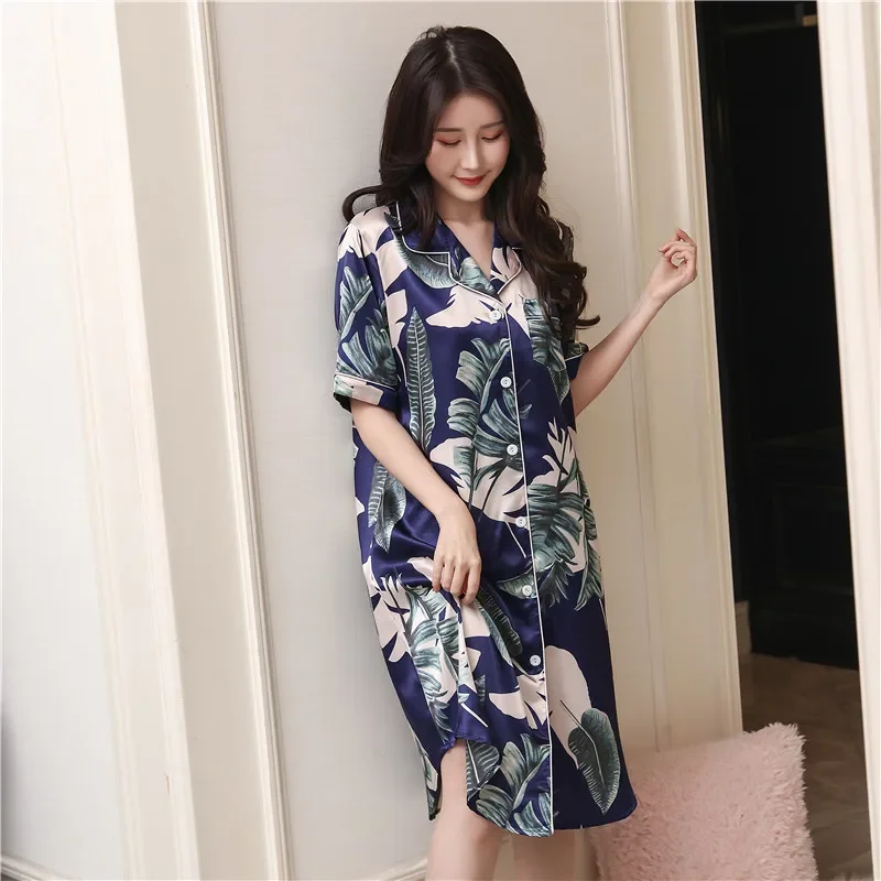 

Sexy Lingerie Silk Nightdress Short Sleeve Casual Nightgowns Women Clothing Set Summer Plus Size Loose Sleepshirts