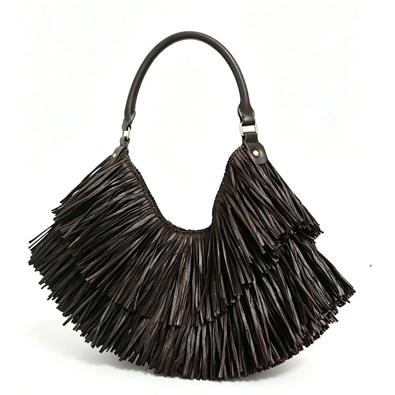 Borsa Vintage Bohémien con Nappe, Tessuta a Mano, Leggera e Traspirante, Grande Capacità, Borsa Tote con Manico Corto, Borsa da Spiaggia in Paglia per Vacanze - immagine 4