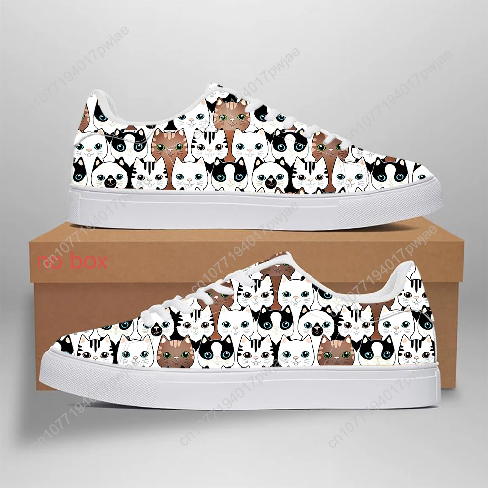 Spring High Quality Leather Sneakers Men Big Size 48 Black White Sole Cat Face Pattern Female Vulcanize Shoes