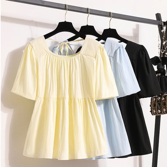 Plus Size Shirts & Blouses Women Summer 2025 New Arrival Korean Fashion Tops Short Puff Sleeve Loose Sweet Blouse Woman L-4XL