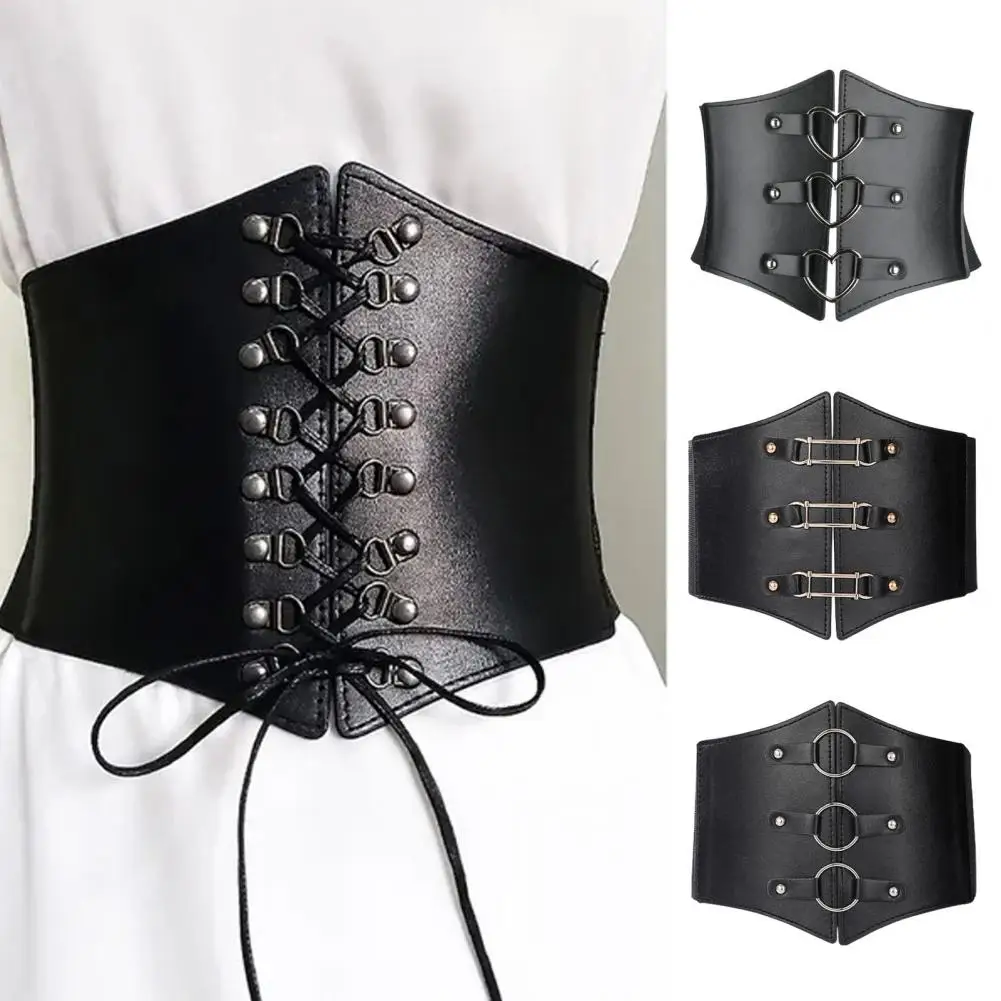 

Solid Color Retro Elastic Women Corset Exquisite Fine Craftsmanship Faux Leather Lace-up Buckle Wide Belt Clothes Accessories