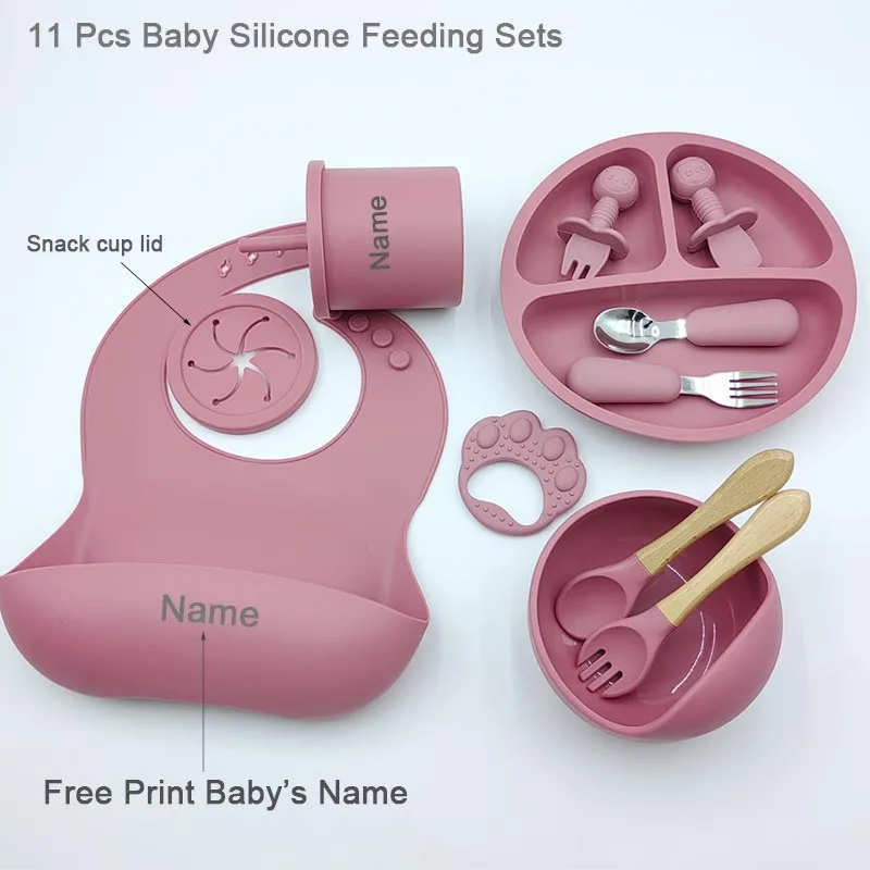 Silicone Cutlery Set Silicone Bowl Silicone Dinner Plate Baby Feeding Spoon Drinking Cup 11Pcs Silicone Feeding Sets For Baby Personalized Name Children's Tableware Suction Cup Plates Bowl Spoon Feeding Cups BPA Free