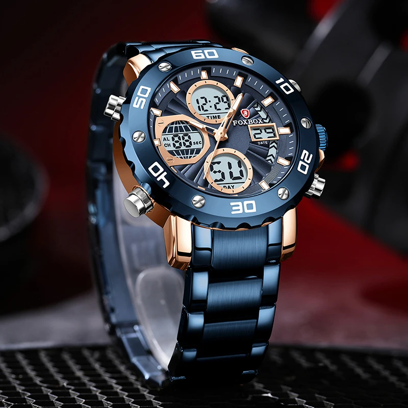FOXBOX Fashion Military Watch Men Top brand Luxury Waterproof Sport Quartz Chronograph Clock Male Casual Dual Display Watch Men