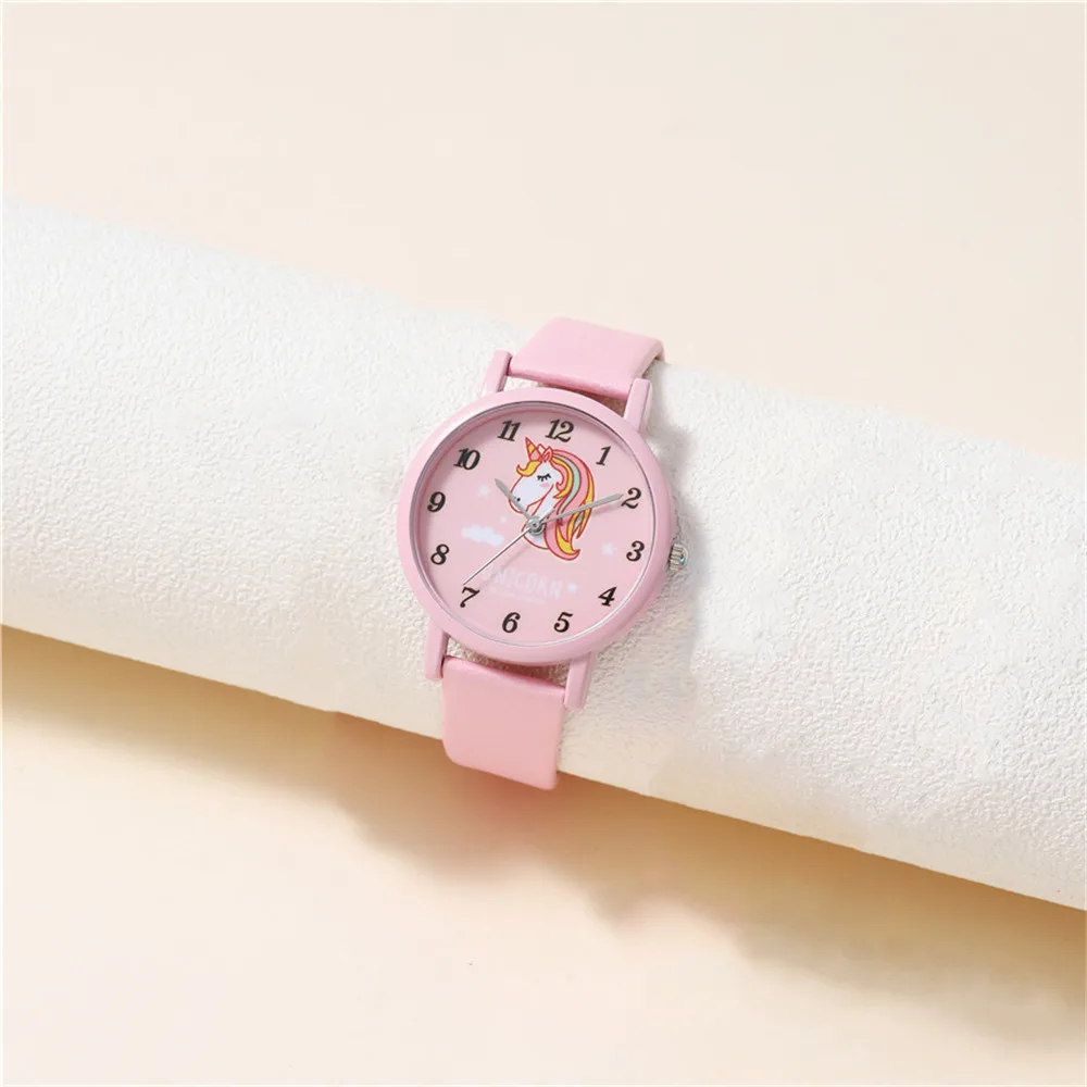 cute pink pu leather band unicorn Children's cartoon watch 5