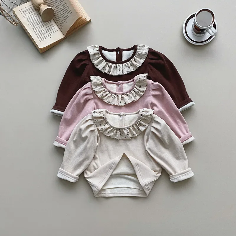 

Детская зимняя одежда для девочек с длинным рукавом и цветочным воротником, плюшевое и утепленное базовое пальто, теплый зимний топ для малышей и детей