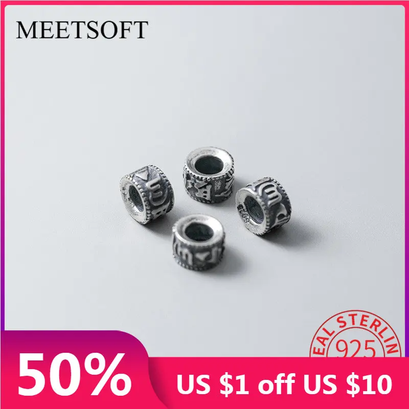 

MEETSOFT 925 Silver Retro Frosted Six Words Mantra Spacer Beads DIY Silver Beads For Necklace Bracelets DIY Jewelry Accessory