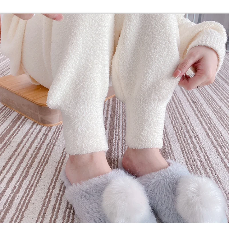 Warm Pajamas Set Women Autumn Winter Plus Velvet Thickening Simple Solid Color Wool Soft Home Clothes Ankle-tied Pants Pijamas