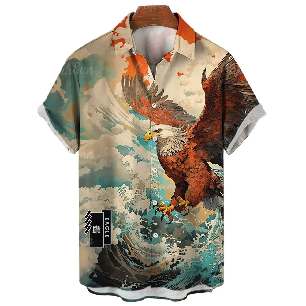 

3d Print Eagle Male Shirt Summer Lapel Button Men's Hawaiian Shirt Vacation Animal Graphic Short Sleeve Pullover Casual Tee Top