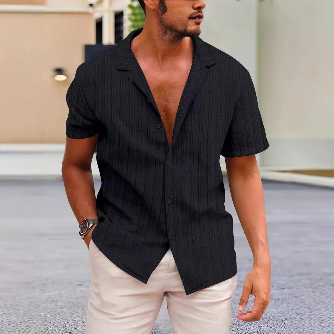 Summer new men's casual short sleeve shirt fashion trend with a solid color lapel jacquard short sleeve sports button shirt top