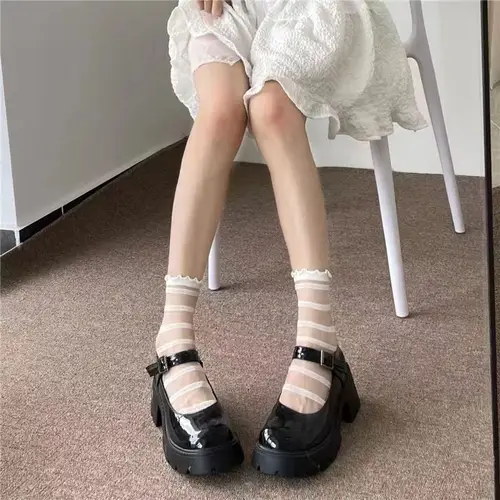 여성용 러플 러브 하트 패턴 얇은 긴 양말, 섹시한 JK 유니폼, 달콤한 유리 섬유, 투명 블랙 레이스 양말, 인스타 스타일 7