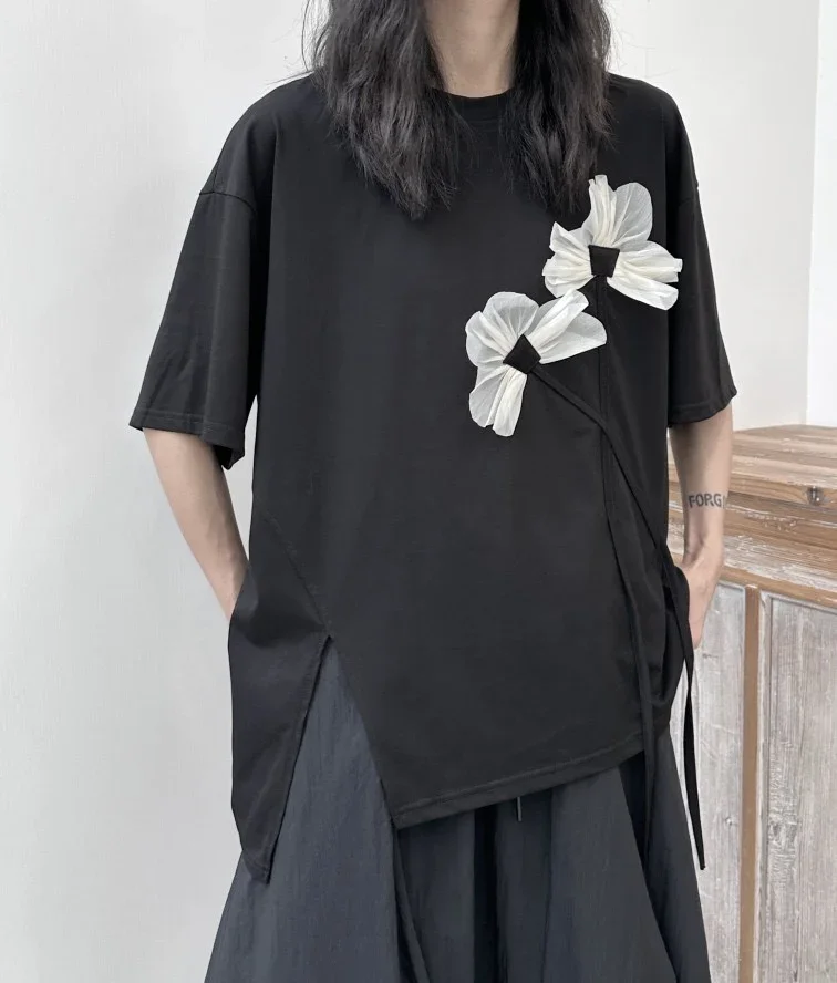 Summer Thin Short Sleeve T-shirt round Neck Flower Design Loose and Irregular Split Slimming Half Sleeve T-shirt