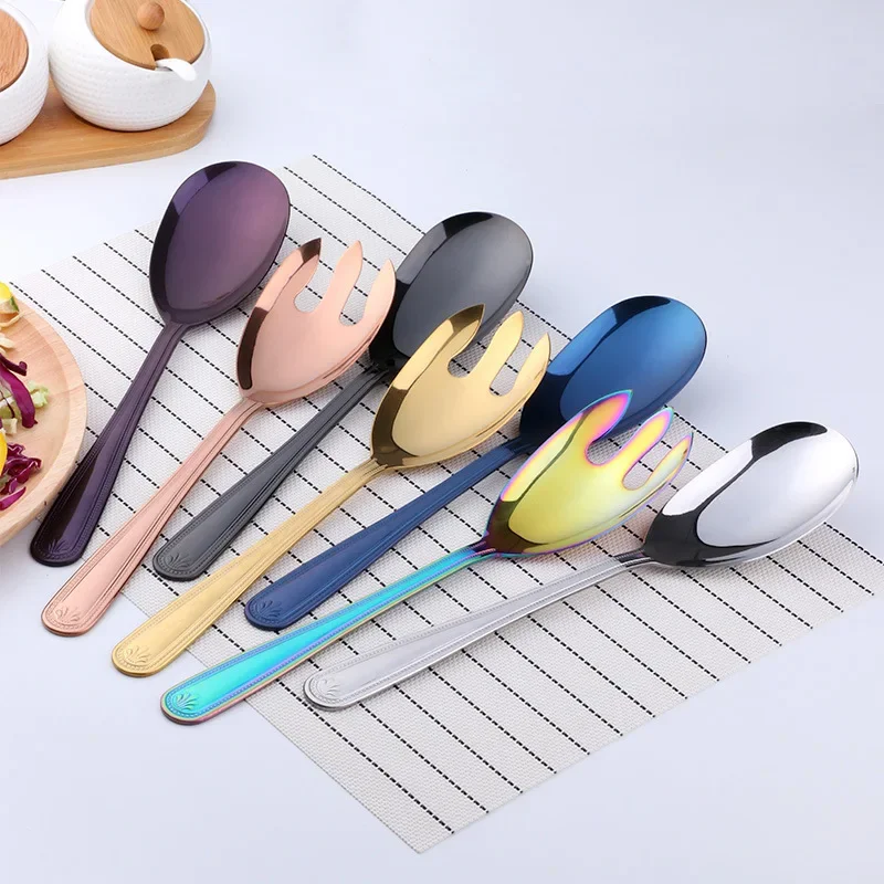 Big Salad Spoon Fork Set Stainless Steel Kitchen Food Server Pasta Utensils Public Gold Tableware Buffet Restaurant Tools tableware set stainless steel kitchen utensils