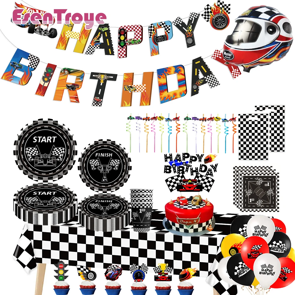 

Racing Car Birthday Party Disposable Tableware Plates Banner Black White Checkered Foil Balloons for Boys Kids Race Party Favors