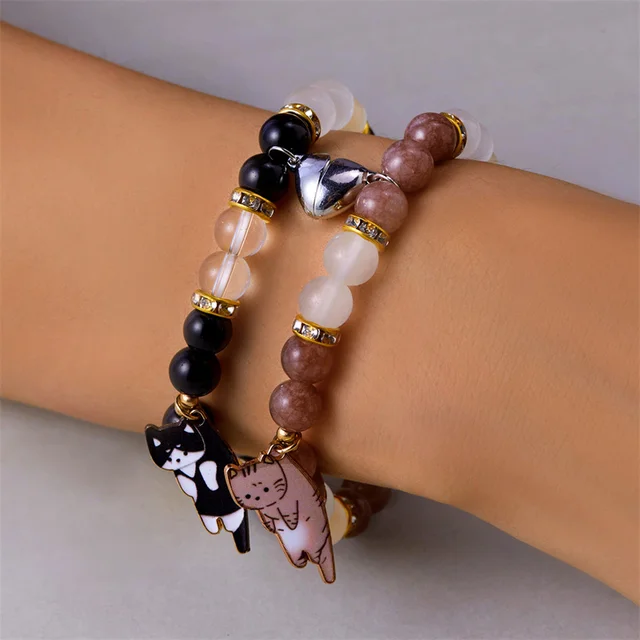 Sanrio Stuff Magnetic Cat Couple Bracelets Opal Bead Love