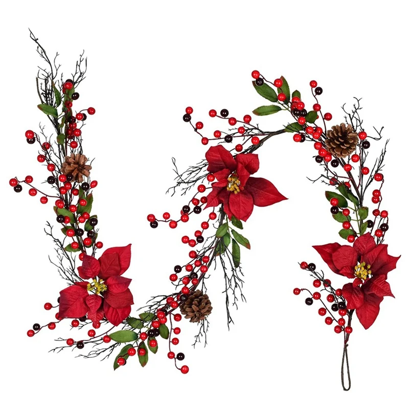 

HOT SALE 6 Feet Christmas Garland With Red Berry Pine Cone Poinsettia Flower And Holly Leaves Vine Garland For Xmas Home Dining