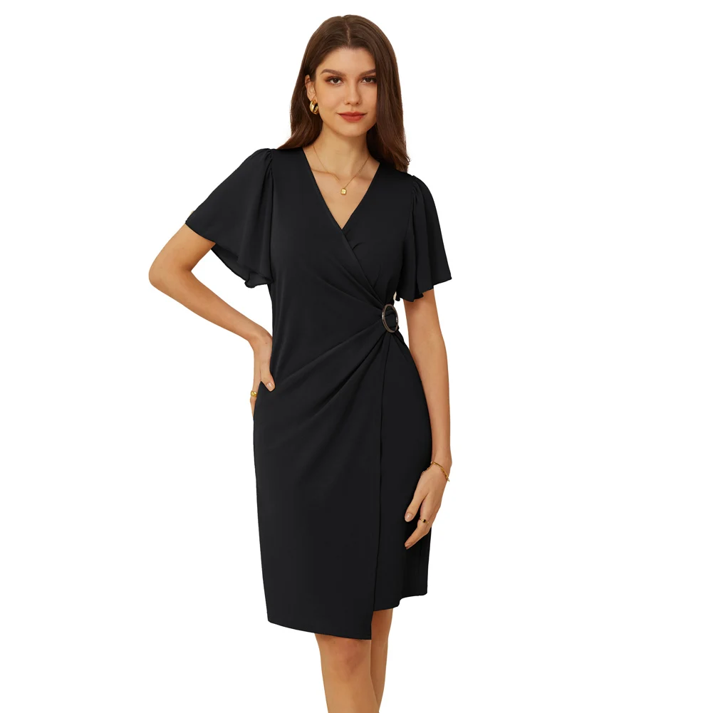 

GK Women Ruched A-line Dress OL Short Sleeve V-Neck Above Knee Zip-up Mid-calf Bodycon Dress Slim Party Prom Lady Elegant Gown