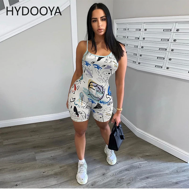 Women Print Sleeveless Strap Playsuit Strechy Bodycon Jumpsuit Casual Romper One Piece Overalls Shorts   Bodysuit Summer Outfits