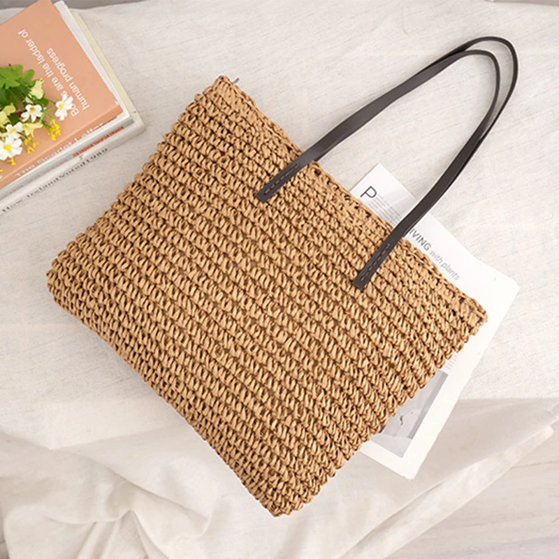 Straw Woven Beach Shoulder Bag Vintage Handmade Knitted Handbag Purse Rattan Clutch Bohemian Summer Travel Casual Shopping Totes