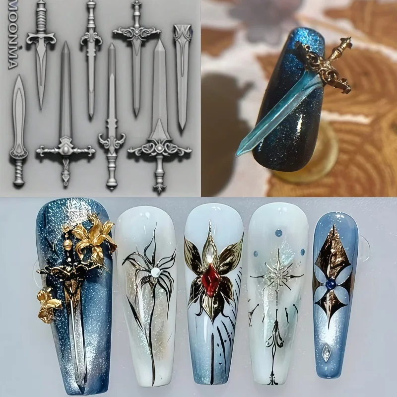 3D 실리콘 네일 아트 몰드 검 달 나비 십자가 조각 몰드 네일 아티스트 필수 ..