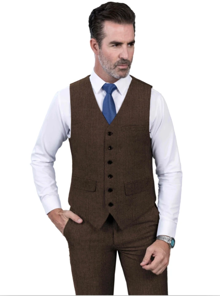 Elegant Mens 3pcs Herringbone Wedding Tuxedo Suit