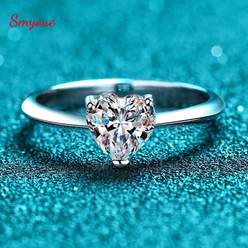 Smyoue Heart Cut 0.5-2Ct Real Moissanite Anello Di Fidanzamento Solitaire Sparkling Simulato Diamond Wedding Band Per Le Donne 925 Argento