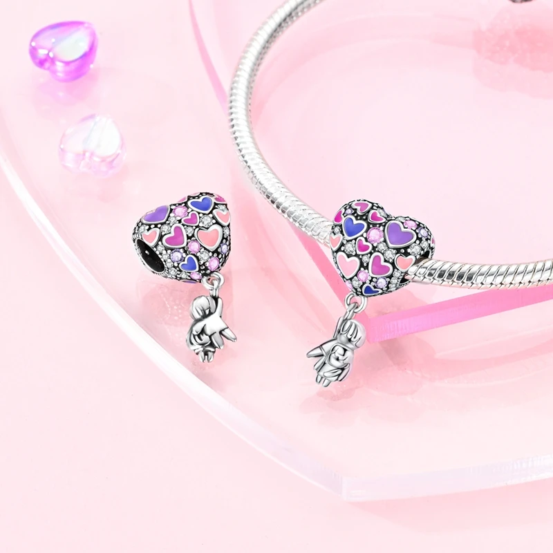 Beads Charms 925 Sterling Silver Romantic Colored Heart-Shaped Hot Air Balloon Charm Fit Pandora Original Bracelet DIY Birthday Jewelry