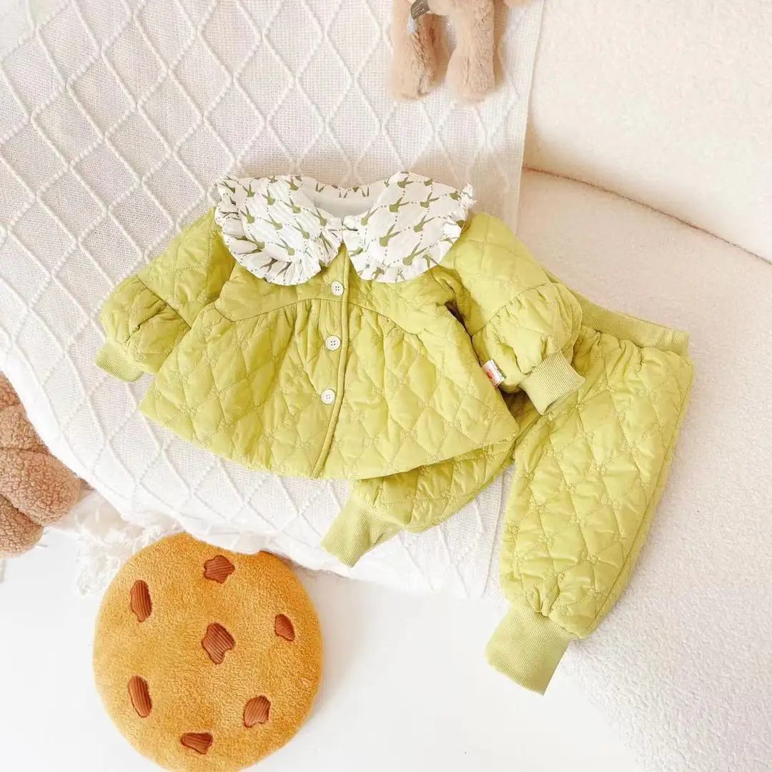 

Girl's Cute 2Pcs Sets Children Baby Kids Winter Thickened Collar Cotton Jacket+Pants New Year's Suit