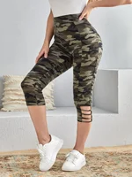 Plus Size Women's Camo Capri Leggings with Side Stripe Cutouts Stylish High Elasticity Knit Sporty  Fashionable Casual Pants - Image 4
