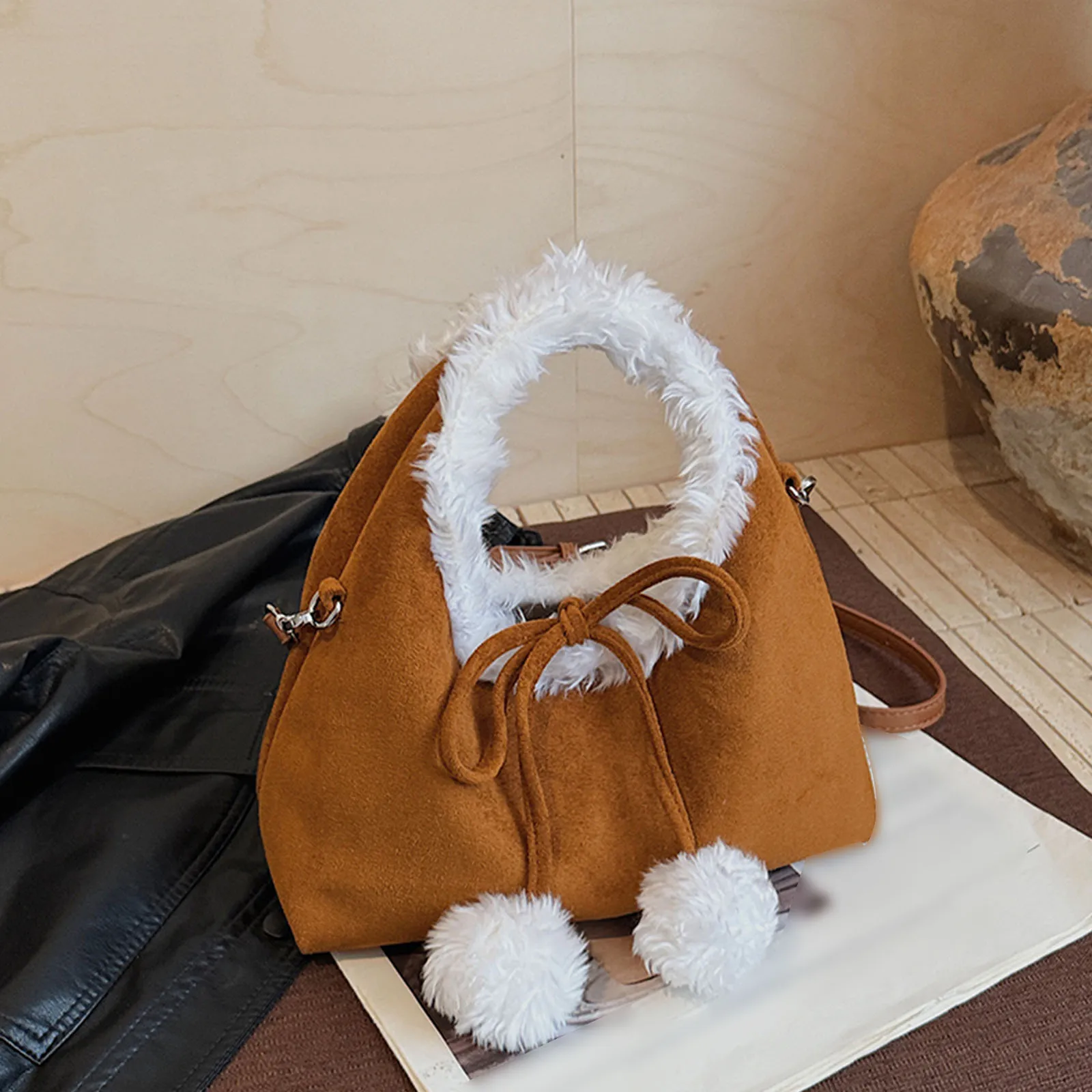 Women Faux Suede Fuzzy Shoulder Bag with Adjustable Strap One Shoulder Armpit Bag Sweet Cute Bow Pom Pom Handbag for Work Travel