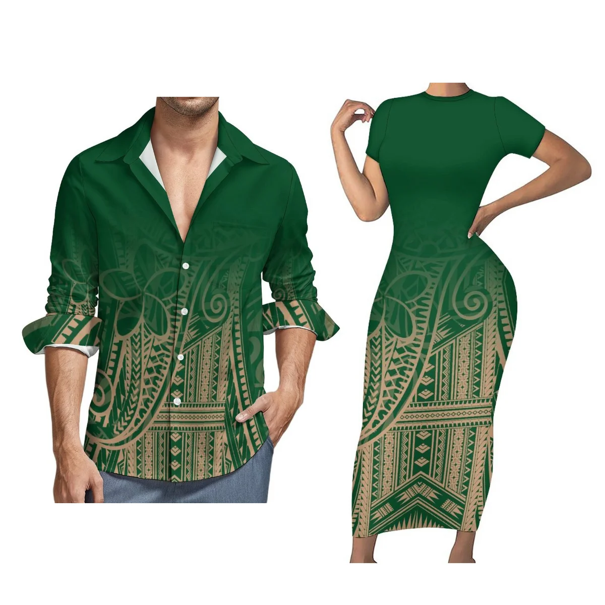 Women Polynesian Tight Short Sleeve Dress Samoan Style Men Long Sleeve Shirt Green Blue Printed Couple Suit