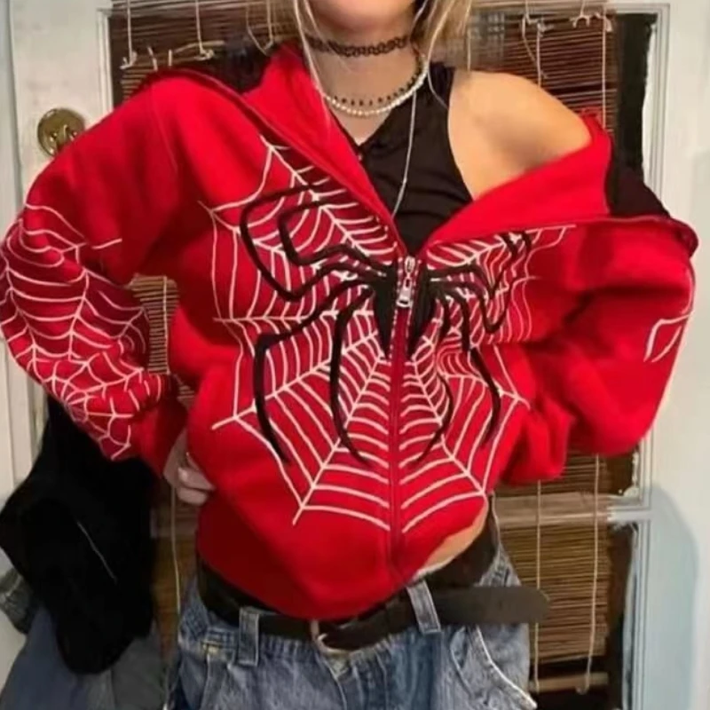 

Women Streetwear Hoodie Y2k Grunge Oversized Sweatshirt Spider Web Red Zip Up Hoodies Gothic Harajuku Alt Jackets Comfort Clothe