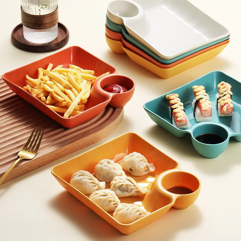 1pc Dumpling Plate With Sauce Dish, Square Serving Plate, Snack Platter, Sushi Dish, Fruit Plate, Dessert Tray, Kitchen Supplies 1pc Dumpling Plate With Sauce Dish, Square Serving Plate, Snack Platter, Sushi Dish, Fruit Plate, Dessert Tray, Kitchen Supplies
