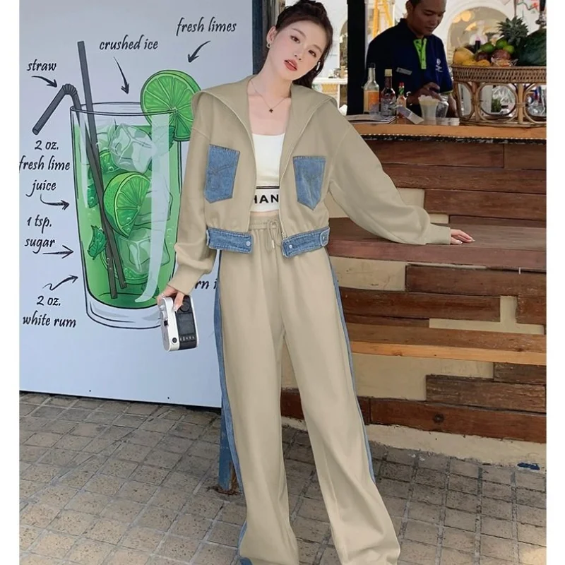 Leisure Sports Suit Women's Spring/Autumn New Fashion Color Contrast Cardigan Hoodie High Waist Wide Leg Pants Two Piece Set
