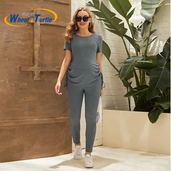 New Arrival Maternity Clothing Set Round Neck Short Sleeve Tops Long Pants Soft Breathable Pregnancy Sports Wear for Mom