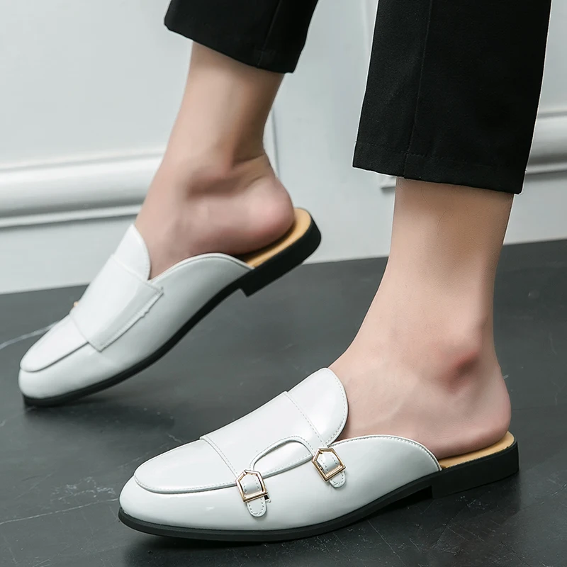 

2023 Best Selling Leather Shoes For Men Black White Half Slippers Man Comfortable Adult Casual Shoes Half Drag Flats Shoes Mens