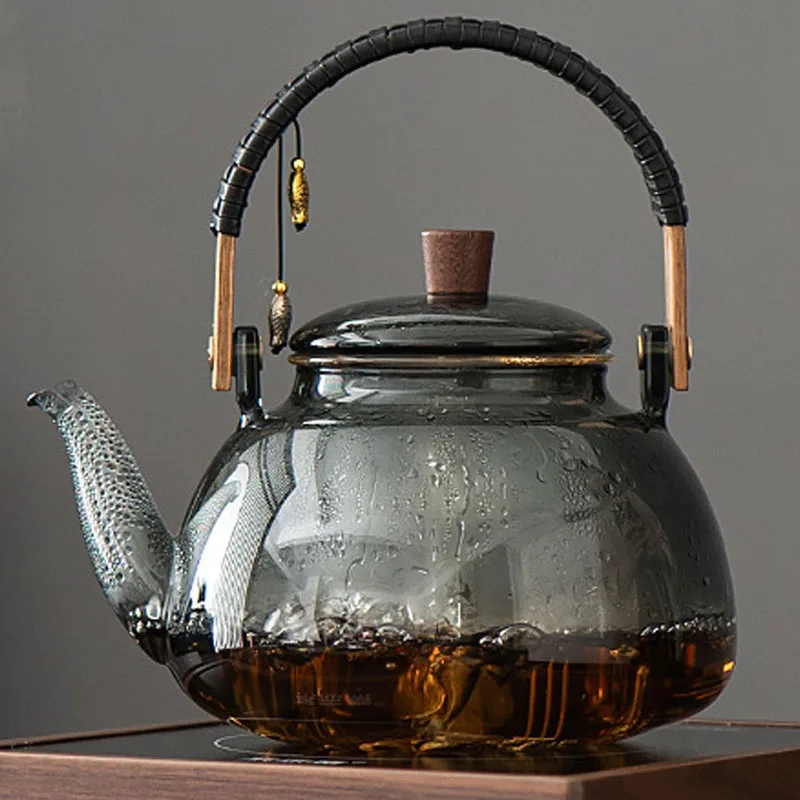Chinese Style Smoke Grey Teapot, Heat-resistant Glass, Kung Fu Household, Tea Separation, 1200ML Household Boiling Tea Pots, 1Pc