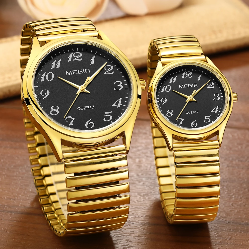 Megir Top Luxury Couple Watch For Men Women Golden Stainless Steel Quartz Wrist Watches Lovers Analog Wristwatch Waterproof, Alina Gadgets
