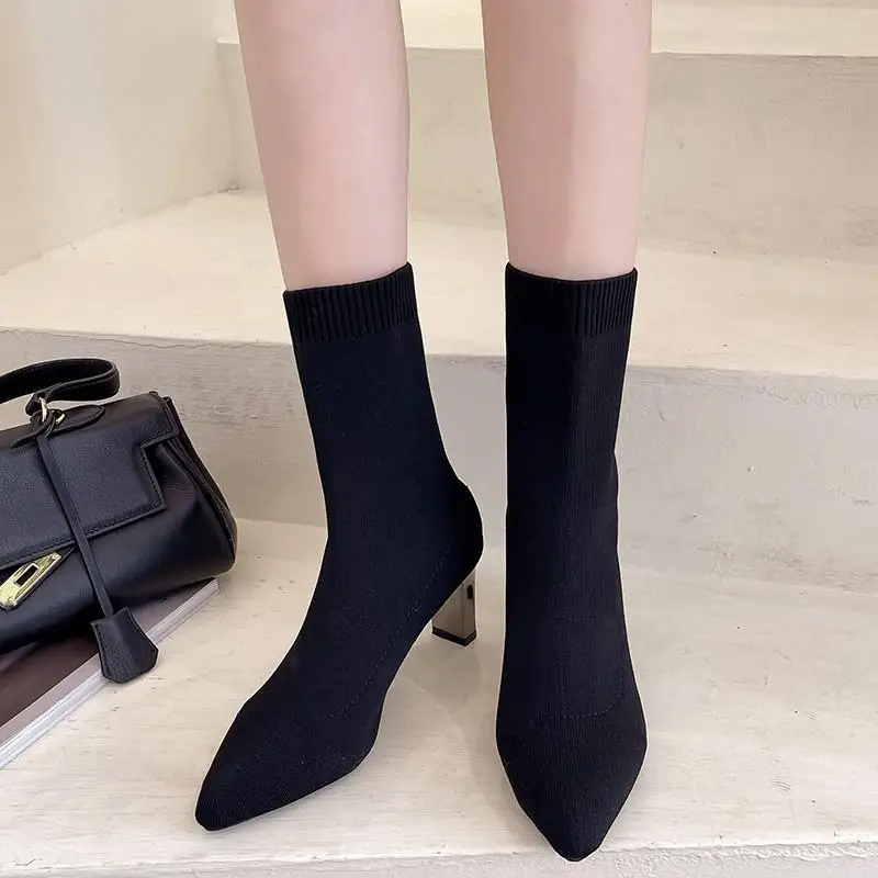 Women Boots New Winter Women's Shoes Knitted Mid-calf Socks Boots Pointed Toe Stiletto Elastic Designer Women's Boots 35-40