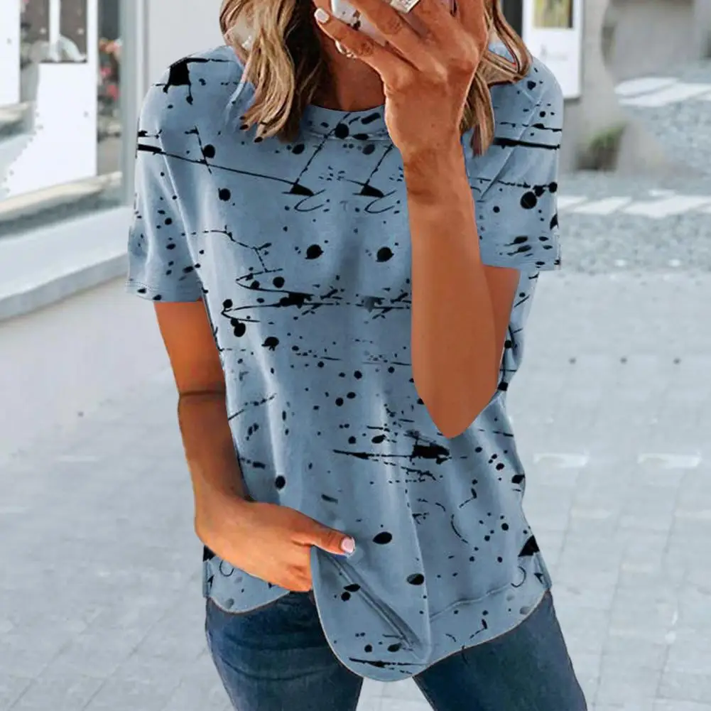Women Printed Short-sleeve T-shirt Breathable Lady Summer Top With Soft Mid Length Color Matching Round Neck For Comfortable