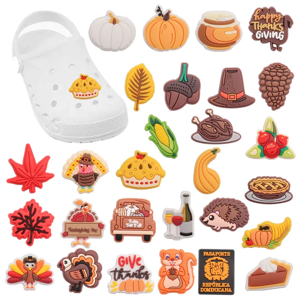 

Mix 50PCS Cartoon Pine Turkey Pie Corn Squirrel Thanksgiving PVC Shoe Charms Sandals Shoes Decoration Hole Slipper Accessories