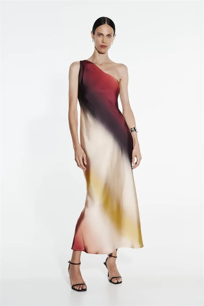 

2023 New Women's Fashion Print Short Sleeve Dress Vintage Tie Dye O-Neck Midi Dresses Spring Female Casual Chic Satin Dress
