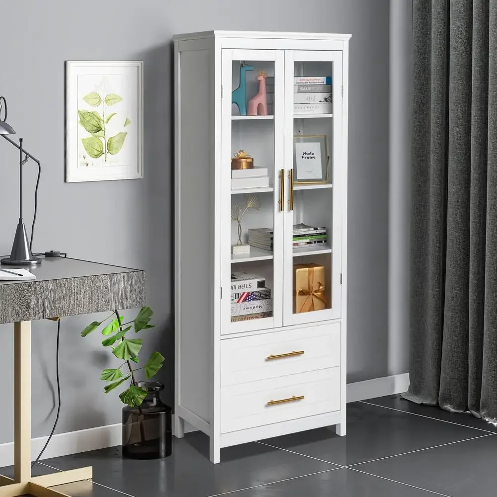 Glass Door Display Cabinet Floor Standing w/ 2 Drawer Storage Cabinet Bookshelf