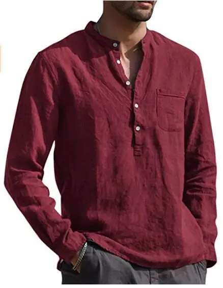 Plus Size Men Cotton Linen Long-Sleeved Shirts Summer Solid Color Stand-Up Collar Casual Beach Style linen shirt
