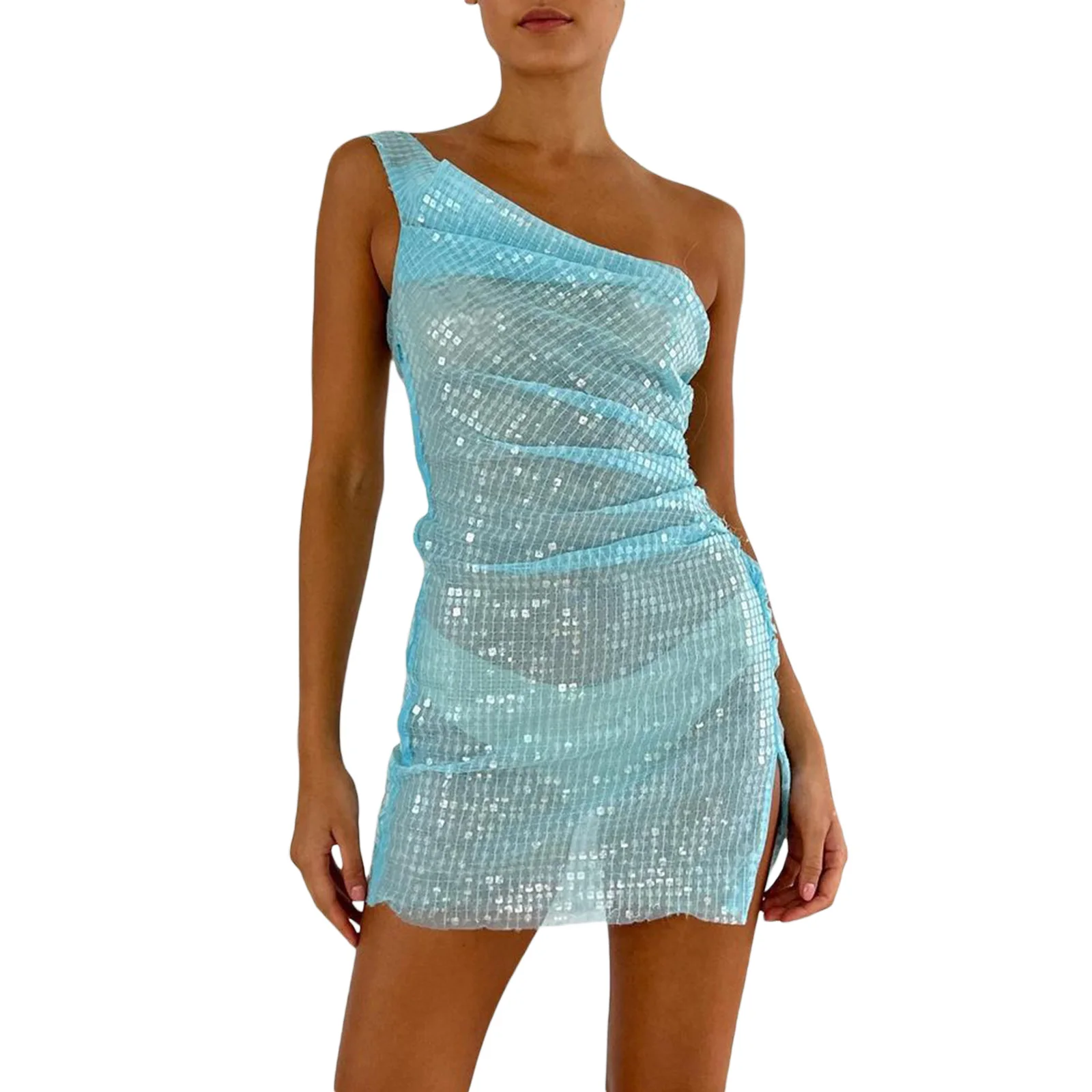 

Women Wrapped Short Dress Sleeveless Off Shoulder Solid Color See-through Party Club Summer Spring Dress