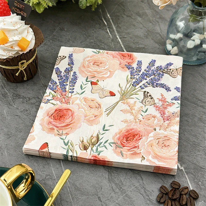 Restaurant Upscale Colourful Printed Paper Napkin Napkin Household Dining Table Mouth Cloth 33cm Pink Floral Facial Tissue Paper paper napkins