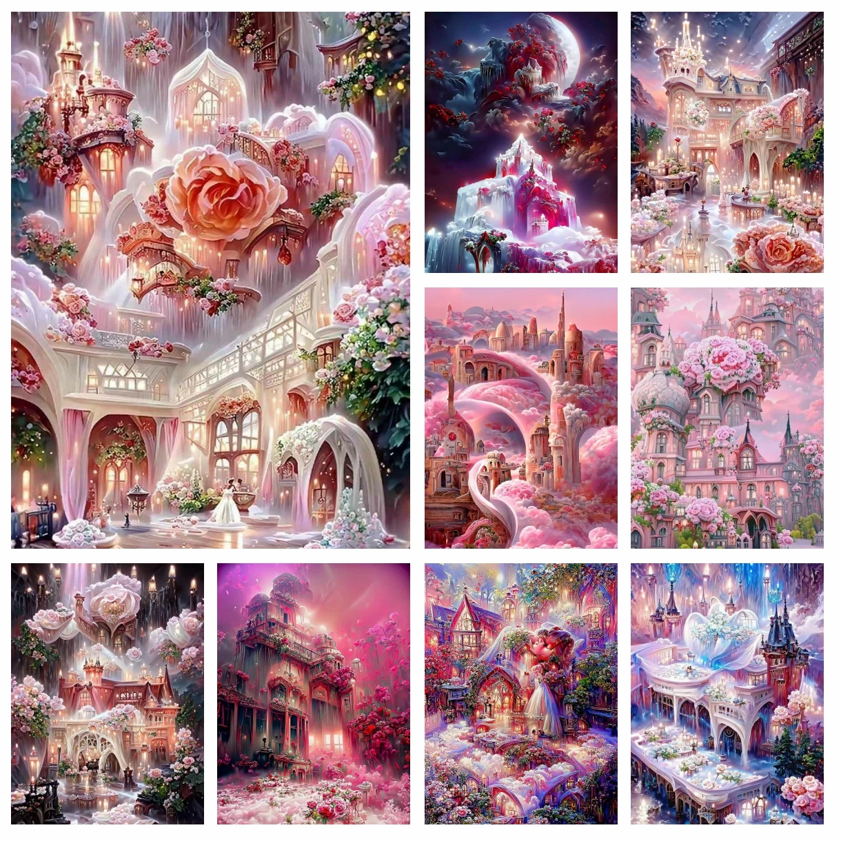 

5D Full Drill Chateau Montrose Diamond Painting Pink Flower Castle Fantasy Art Cross Stitch Embroidery Picture Mosaic Home Decor