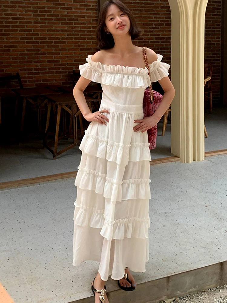 

GypsyLady Summer White Tiered Midi Dress Bamboo Fiber French Chic Off The Shoulder Holiday Women Ladies Beach Dresses Vestidos