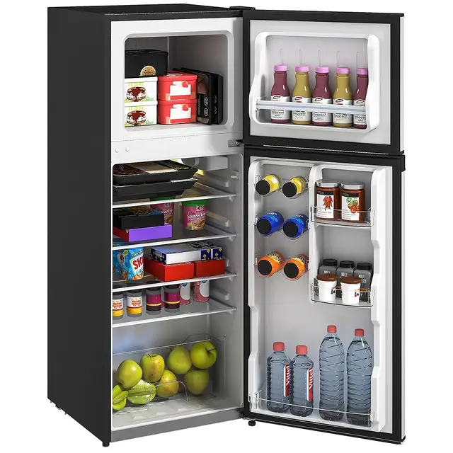 4 Cu.Ft Mini Fridge With Freezer, Double Door Compact Refrigerator With Adjustable Thermostat, Shelf And Reversible Door For 1